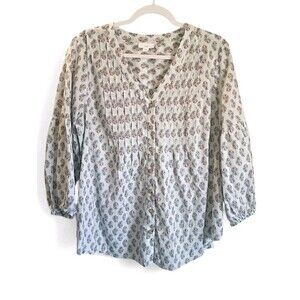 J. Jill Madeira paisley print pintucked cotton blouse Large Boho Travel Resort